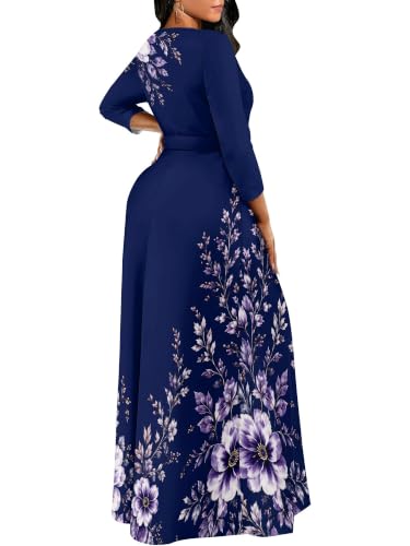 Image of Women Plus Size Long Sleeve V Neck Maxi Dress with Belt | Soft fabric relaxed fit three quarter sleeve v neck with pockets for party and daily wear