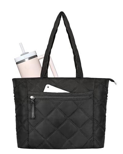 Women Quilted Puffer Work Tote Bag Compatible with Stanley Cup Holder with Laptop Compartment for College Travel
