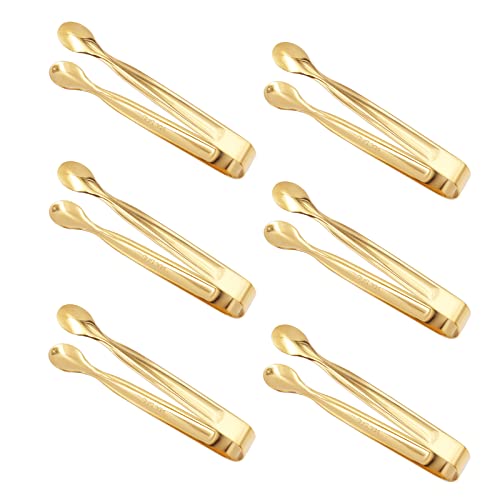 6 Mini Pinze Da Portata In Acciaio Inox 10 Cm | HINMAY Pinze Per Zucchero Con Manico A Rosa | Per Cubetti, Limone, Antipasti | Color Oro