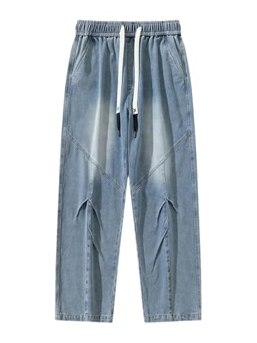 Men's Big Size Jeans String Banding Wide Leg Straight Denim Pants Washed Baggy Jean Trousers