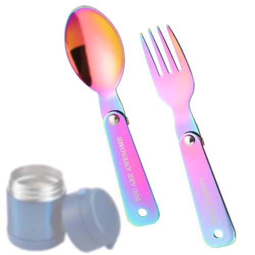 Lyreh Replacement Spoon and Fork Compatible with Thermos Funtainer Food Jar 10oz, Dishwasher-Safe Stainless Steel Foldable Spoon and Fork with Positive Lettering and Hanging Hole(Iridescent)