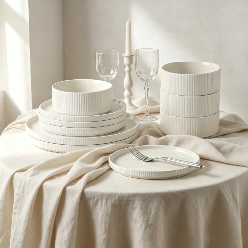 Image of Stoneware Dinnerware Sets for 4, 12Pcs Plates and Bowls Set, Cream White | Handmade Reactive Glaze Ceramic Dishes, Microwave and Dishwasher Safe, Modern Minimalist Ribbed Tableware for Everyday Use