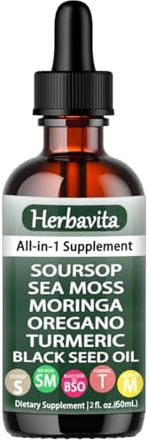 Soursop Liquid Drops 10 in 1 with Sea Moss, Moringa, Turmeric, Black Seed Oil – Vegan, Non-GMO Immune & Energy Support – 2 fl oz
