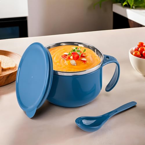 Image of 600ml Airtight-Lid Stainless Steel Soup Bowl with Spoon & Holder | Leakproof Food Container for Noodles, Pasta & Milk | Maggie Bowl & Souptok for Eating | Navy Blue