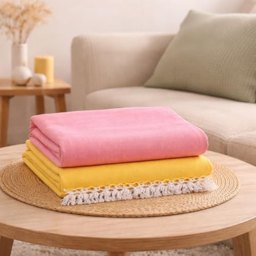 Image of OKTIC Bhagalpuri Dull Chadar Combo Pack Set of 2, Odhne Wali Top Sheet | Pure Cotton & Breathable Handloom Chadar Material, Tussle Border, Solid Single 230 x 130 cm (Peach Yellow)