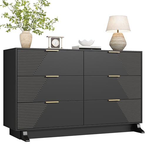 Image of Gyfimoie 47.24 inch Wide Dresser for Bedroom, 6 Drawer Black Dresser with Gold Metal Handle & Fluted Design, Chest of Drawers with Sturdy Base, Wood Dressers for Bedroom, Living Room, Hallway