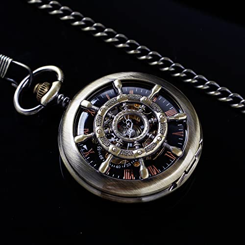 Image of Men's Mechanical Hollow Design Hand Wind Pocket Watch Roman Numerals Steampunk with Chain Box