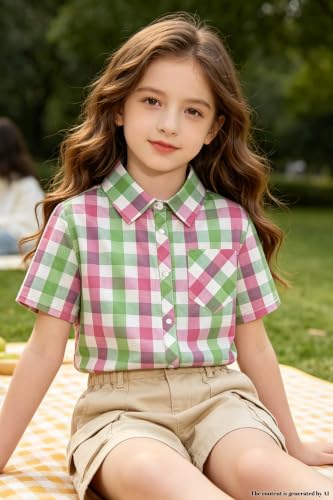 Image of SANGTREE Girls Women Plaid Shirt Short Sleeve Button Down Summer Blouses