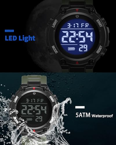CIVO Herrenuhr Digital Militär Armbanduhr: LED Groß Ziffernblatt Uhren fur Herren Army Grün - Wasserdicht Digitaluhr mit Stoppuhr Wecker