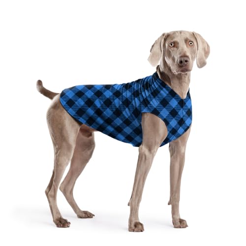 Image of Goldpaw Stretch Fleece Dog Sweater - with Spandex for 4-Way Stretch - Soft, Comfortable Dog Coat - Machine Washable - Made in the USA - Cobalt Buffalo Check - Size 22