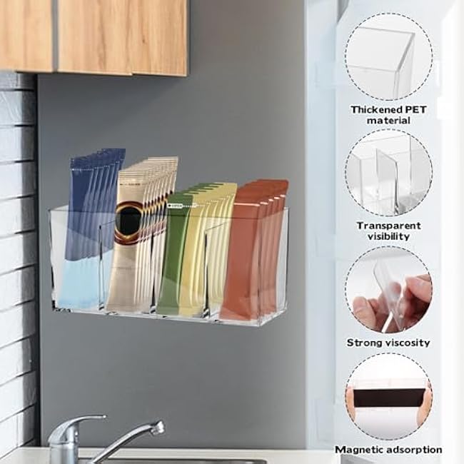 Rainmae Drink Packet Organizer, Clear Acrylic Water Drink Packet Holder Magnetic Tea Bag Organizer Water Flavor Storage Container with Magnet Adhesive Tape for Kitchen Cabinet Pantry Organization