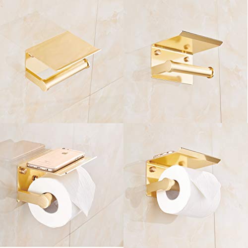 Youda Toiletpapierhouder, wandhouder voor badkamerweefsel met opbergplank, 3M zelfklevend, aluminium (goud) - Image 5