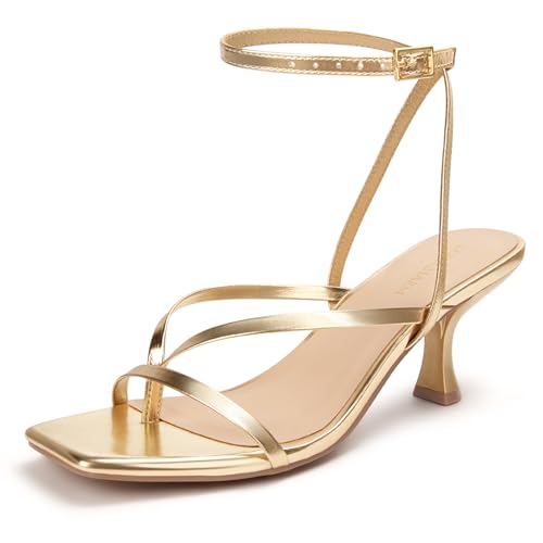 Image of Women's Kitten Heel Strappy Open Square Toe Thong Ankle Strap Heels for Wedding