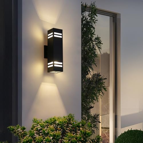 Image of Cerdeco 15 inch Black Modern Outdoor Wall Light with 3-Sided Frosted Glasses | E26 Base,UL listed,Aluminum Up and Down Lights Outdoor Exterior Wall Light Fixture Porch Light for House Garage Patio Garden