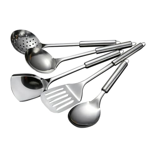 LIFTATAPA 5Pcs Cooking Utensils Set, Stainless Steel Kitchen Utensils, Heat Resistant Wok Utensils Set Include Slotted Spoon, Slotted Spatula, Large Spoon, Soup, Spatula(Sliver)