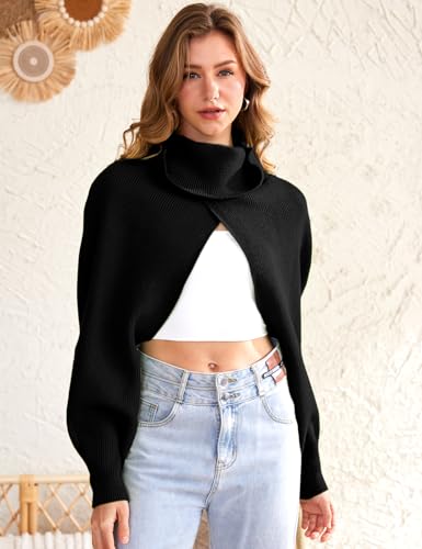 Image of Yimoon Women Turtleneck Bolero Sweater Open Front Rib Knit Shrug Crop Cardigan Long Sleeve Backless Pullover Y2K Crop Top (Black-L)
