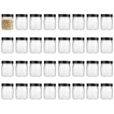 OMNISAFE 8 Ounce Clear Plastic Mason Jars With Screw On Lid, Reusable Empty Jars for Food Storage, Round BPA Free Containers for Sealing, Dry Food, Snacks, Candies, Breakage-proof, (Black - 32 Pack) Cover