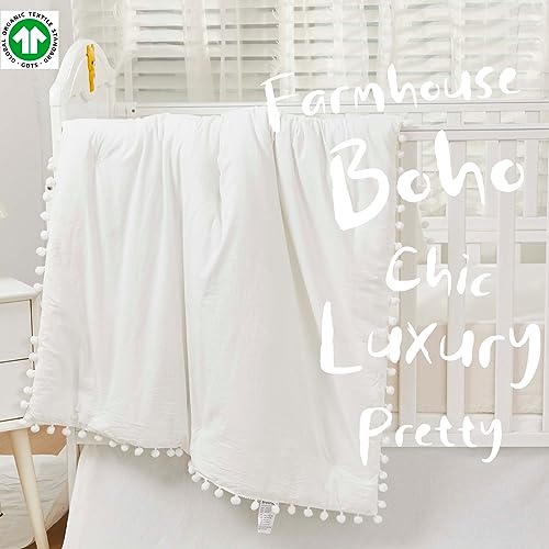 Image of Brandream Gender Neutral Boho Bohemian Baby Girl Boy Nursery Crib Bedding Set 3 Pieces Solid White Farmhouse Chic Unisex Minimalist Tassel Pom Pom Macrame Cozy 100% Washed Cotton