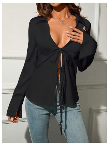 SHENHE Women's Deep V Neck Long Sleeve Open Front Tie Up Collared Sexy Blouse Shirt Top4