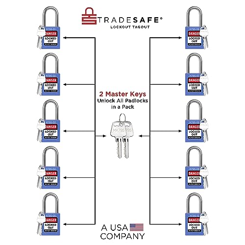 Image of TRADESAFE Lockout Tagout Locks Set with Master Keys - 10 Blue Loto Locks Keyed Different, 2 Keys Per Lock, Lockout Locks for Electrical Lockout Tag Out Kits