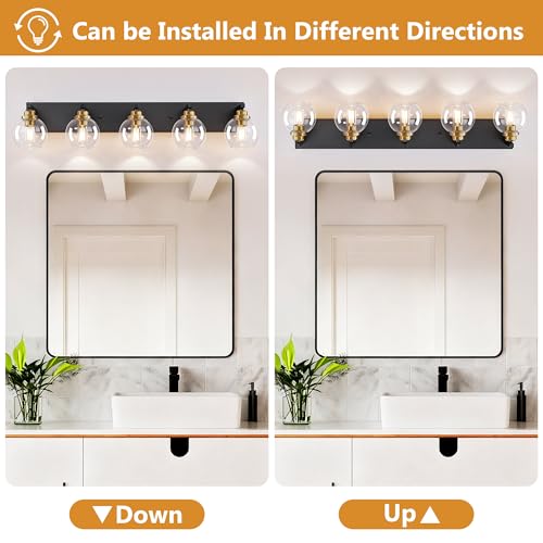 Image of LmnLvn Bathroom Light Fixtures, Farmhouse Black & Gold Metal with Globe