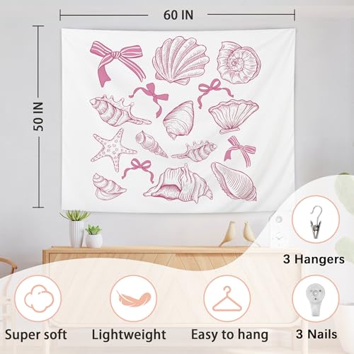 AQYIP Coquette Blue Bow Seashell Ocean Beach Tapestry Wall Hanging, Preppy Beach Tapestry Decorative, Blue Coastal Wall Blanket Decor for Girls Room Dorm Apartment Bedroom, 50x60 Inch(Pink)
