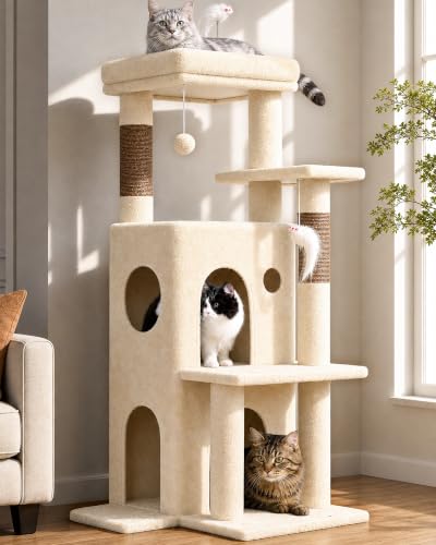 Image of Globlazer Cat Tree Tower for Indoor Cats, 50-inch Adult Cat Tree House for Large Adult Cats with Steps, Scratching Post, 2 Cat Caves, Dangling Toys, FC50, Beige