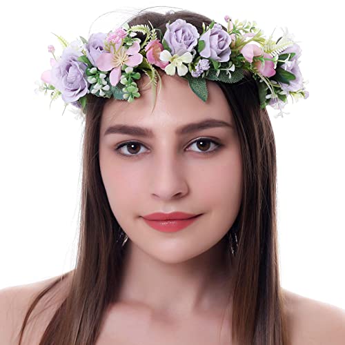 Ever Fairy Flower Headbands for Women Wedding Flower Crown for Girls Party Floral Hair Wreath Headpiece for Women Bridal Maternity (Purple)