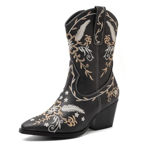ANJOUFEMME Floral Country Cowboy Boots For Women, Womens Trendy Cute Cowgirl Boots Wide Calf, Cream Wedding Western Booties