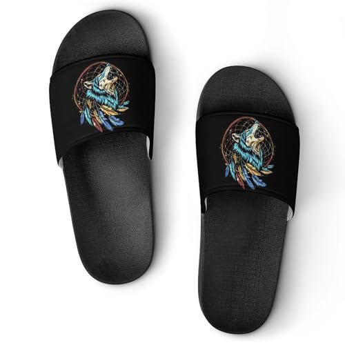 Wolf Dream-Catcher Spiritual Feathers House Sandals Non-Slip Bathroom Slippers Beach Summer Shoes for Men Women