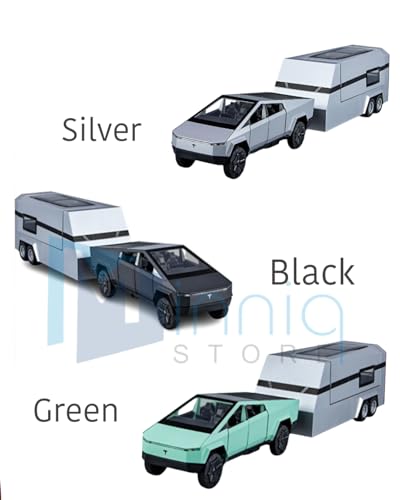 Image of Tesla CyberTruck with Pick-Up Trailer Model Car with Box, Zinc Alloy Pull Back Toy car with Sound and Light for Kids Boy Girl Gift [Colors as Per Stock]
