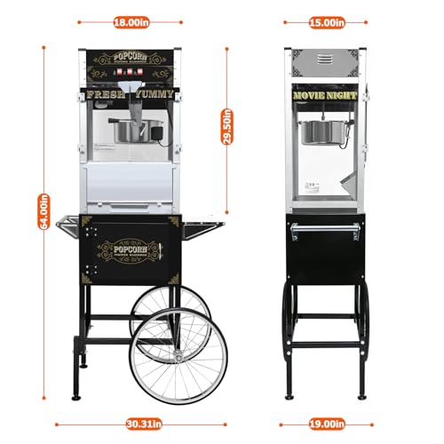 Image of 28Oz Commercial Popcorn Machine with Wheels - 28 OZ Stainless Steel Kettle Vintage-Style Popper Cart on Wheels with Tempered Glass Pop-corn Machine Maker for Home, Parties, Movie Theater, Black