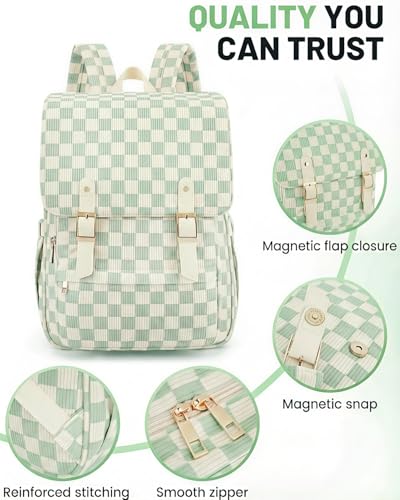 Image of Corduroy Laptop Backpack for Women, Fits 15.6 Inch Computer Bag, College Bookbag Travel Daypack Purse, Work Business Bags - Corduroy Checkered Green