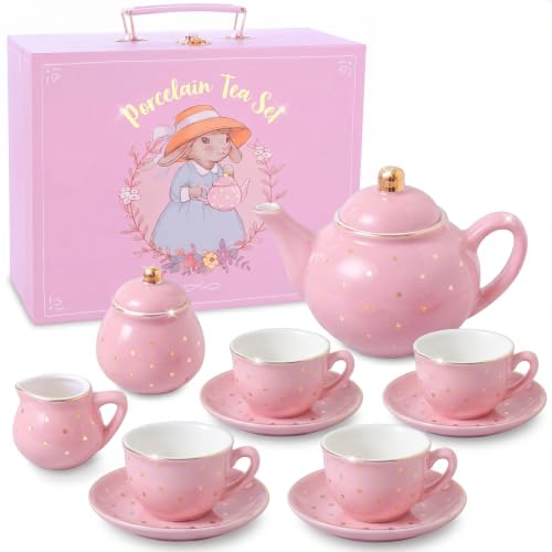 Image of Giggle & Honey Tea Party Set for Little Girls, Pink Gold Polka Dot Porcelain Kids Tea Set with Carry Case, Teapot Cups & Saucers, Princess Pretend Play Birthday Gift for Girls Ages 3, 4, 5, 6, 7, 8