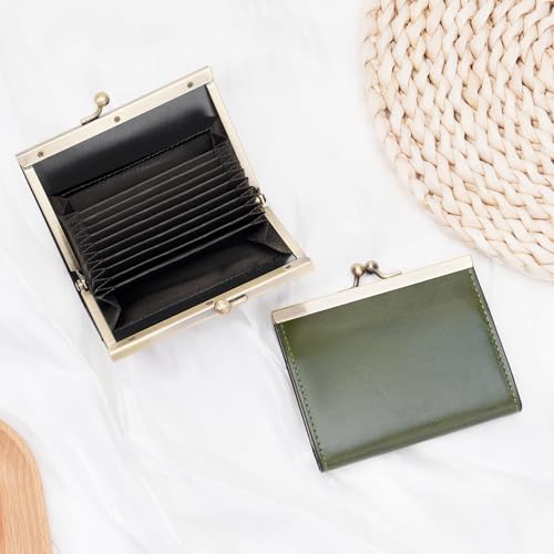 Image of GOIACII Credit Card Holder Vintage Wallet for Women Genuine Leather Ladies Card Cases with Kiss Lock Small Green
