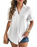 Zeagoo Womens Short Sleeve Blouses Casual Linen V Neck Button Up Blouse Rolled Short Sleeve Cotton Tops