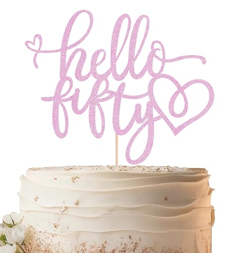 EONNCNT Hello Fifty Cake Topper - Pink Glitter 50th Birthday Cake Decorating Supplies for Women, Hello 50 Cake Decor for 50th Birthday/Anniversary Party Photo Booth Props