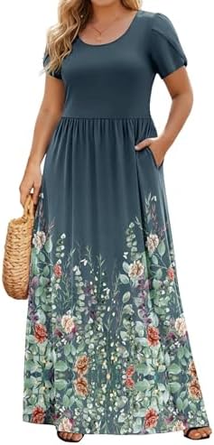 IN'VOLAND Womens Plus Size Summer Dress Short Sleeve Casual Floral Maxi Dresses Wedding Party T-Shirt Dress with Pockets