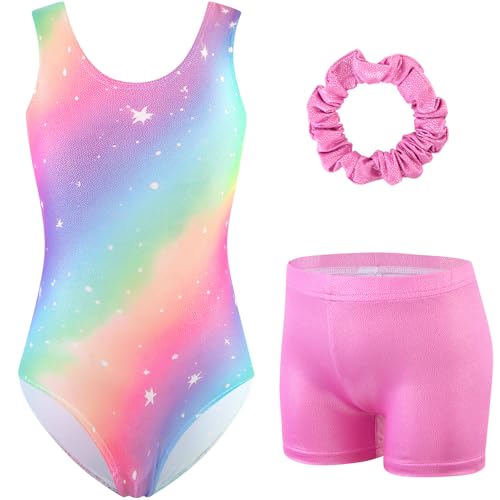 HOZIY Girls Gymnastics Leotards Outfits Sparkly Bow Back Unitards Biketard with Tumbling Shorts Hair band Kids 3-10 Years