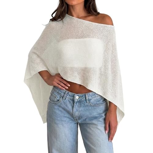 Womens Sheer Poncho Top Y2k Knitted Summer Asymmetrical Mesh Shawl Pullover Sweater Cover Up Tops (US Alpha One Size Regular Regular White)