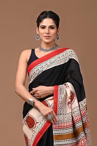Image of Crafts Moda Pure Cotton Floral Print Saree with Blouse for Women
