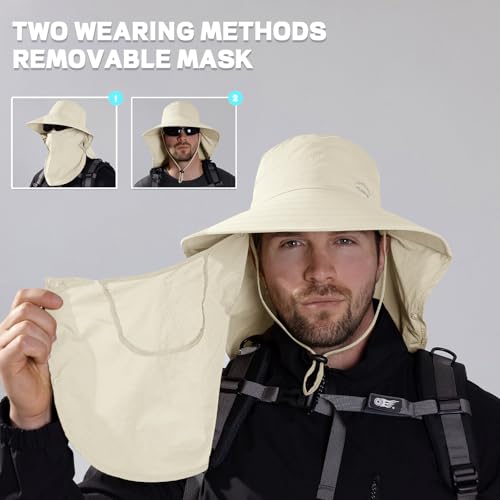 Image of Rosoz Sun Hat for Men Women with Neck Flap,Wide Brim UPF50+ Fishing Hat with Detachable Face Cover Outdoor Sun Protection Hat