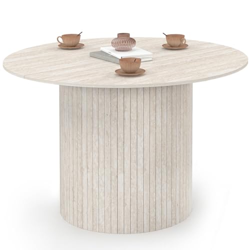 IDMarket - Table à Manger Ronde Juliette 6 Personnes Pied Central Effet Lattes façon travertin 110 cm