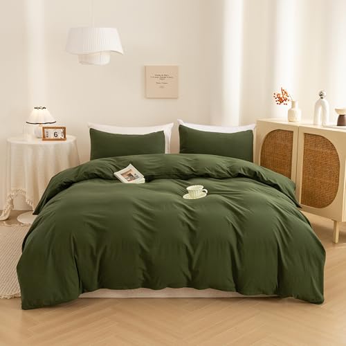 ECOCOTT 3 Pieces Duvet Cover Queen Size 100% Washed Cotton 1 Duvet Cover with Zipper and 2...