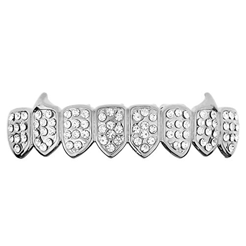 Bling Cartel Fang Grillz 8 Pc Bottom Teeth Fangs Eight Piece Silver Tone Iced Hip Hop Vampire Mouth Grills