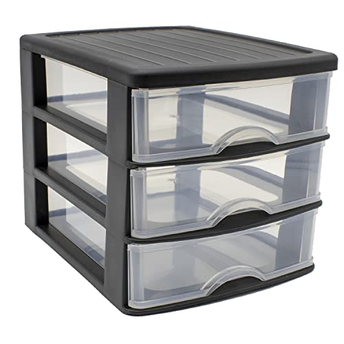 CABLEPELADO Torre de almacenamiento con 3 cajones sobremesa, Organizador de escritorio, Caja de almacenamiento de escritorio,18 cm alto x 17.7 cm ancho x 21.5 cm fondo, Negro y cajones transparentes