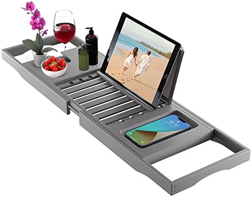 Premium Bamboo Bathtub Tray Caddy - Expandable Wooden Bathroom Tray - Adjustable Bathroom Tray for Tub - Luxury Bath Caddy Tub Table - Gift Idea for Loved Ones (Grey)