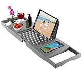 Premium Bamboo Bathtub Tray Caddy - Expandable Wooden Bathroom Tray - Adjustable Bathroom Tray for T