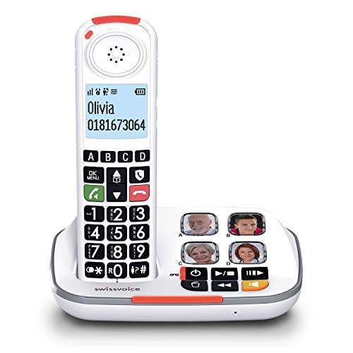 swissvoice Xtra 2355, szerokoprzyciskowy bezprzewodowy telefon DECT z automatyczną sekretarką, wzmocnienie audio, głośne dzwonki, kompatybilny z aparatami słuchowymi, funkcja blokady połączeń