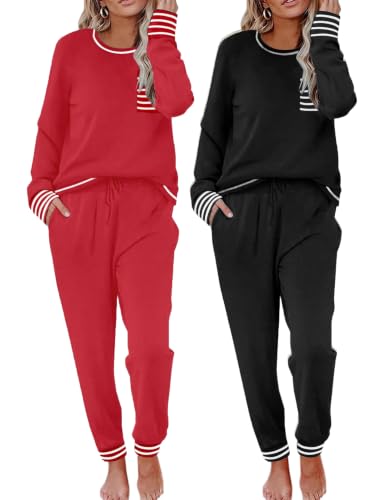 Image of Ekouaer 2 Pack Womens Pajama Sets Long Sleeve Lounge Sets Soft Pj Loungewear Sleepwear